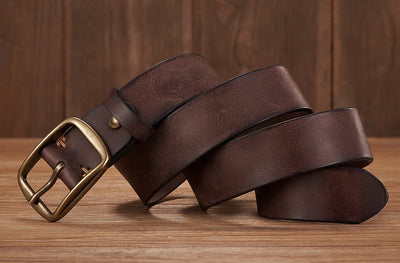Men’s Thick Genuine Leather Belt – Vintage Copper Pin Buckle for Jeans & Casual Wear