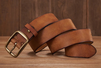 Men’s Thick Genuine Leather Belt – Vintage Copper Pin Buckle for Jeans & Casual Wear