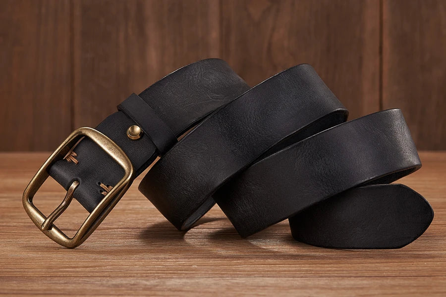 Men’s Thick Genuine Leather Belt – Vintage Copper Pin Buckle for Jeans & Casual Wear