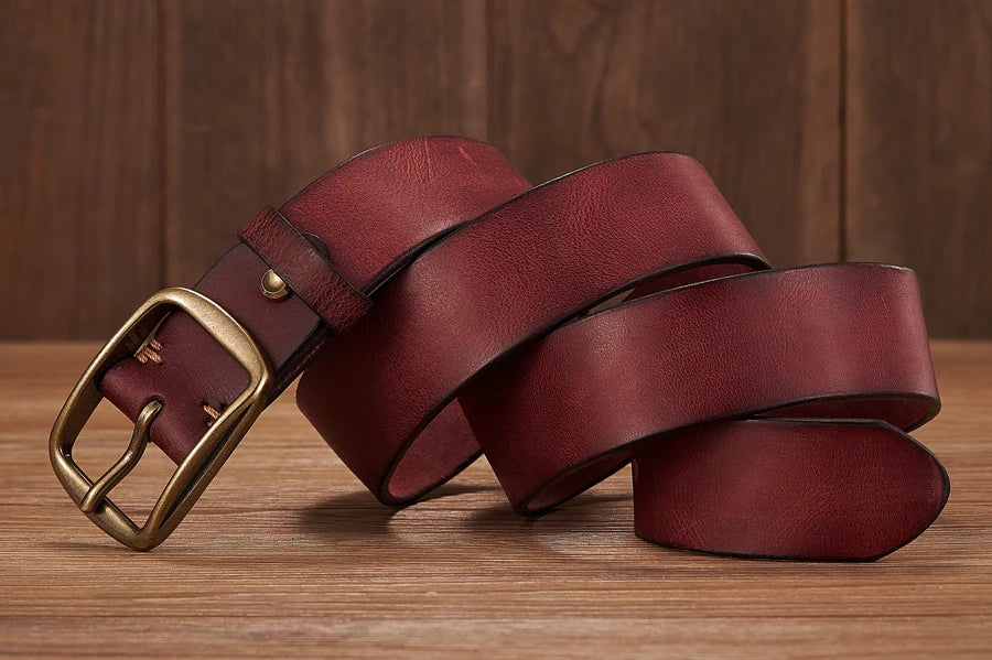 Men’s Thick Genuine Leather Belt – Vintage Copper Pin Buckle for Jeans & Casual Wear