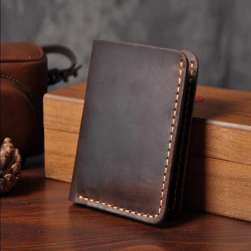 Handmade Crazy Horse Leather Wallet – Vintage Full Grain Genuine Leather Men’s Short Wallet with Card Holder