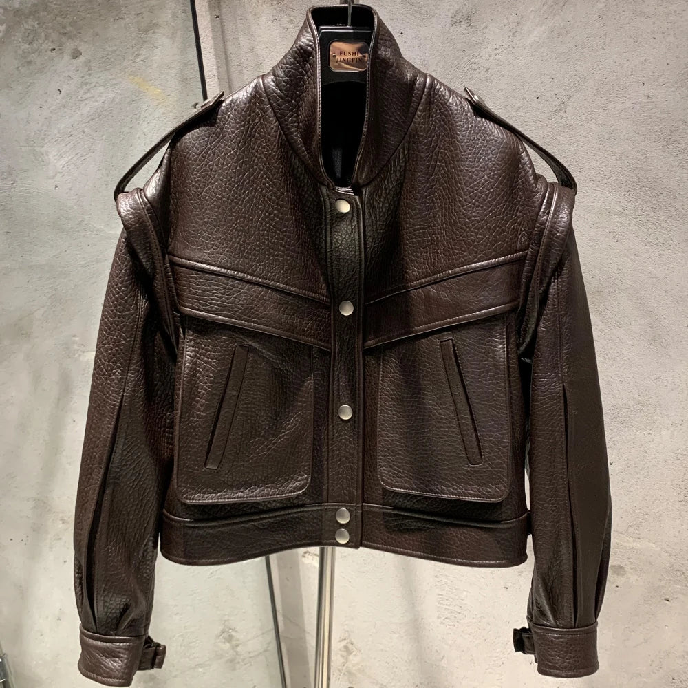 Women's Grained Sheepskin Leather Biker Jacket – Detachable Sleeve Bomber Style