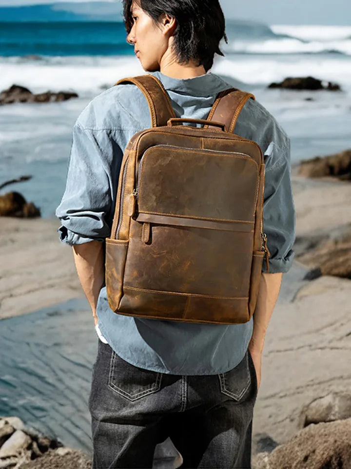 Vintage Crazy Horse Leather Men's Backpack – Retro Travel & Laptop Bag (15.6")