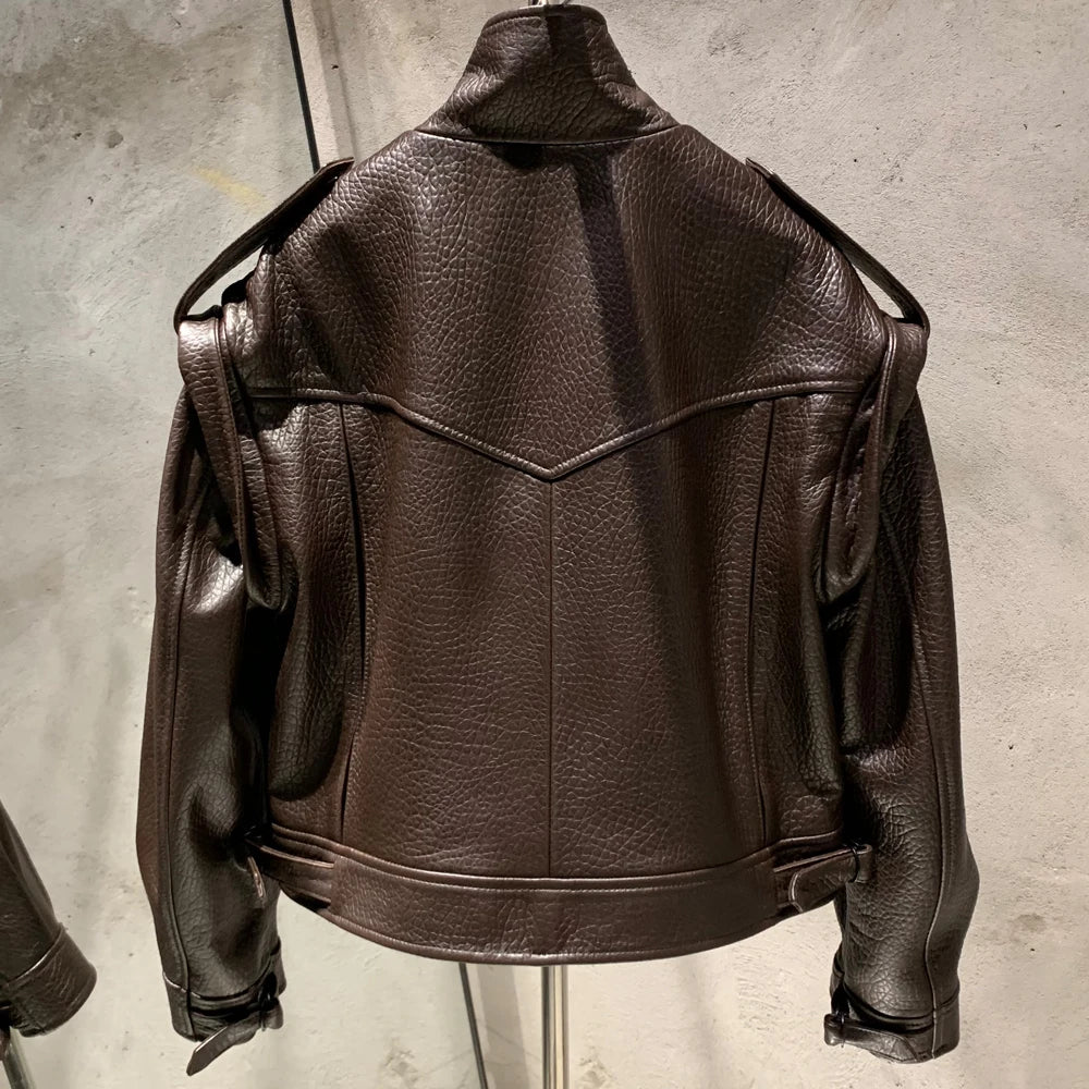 Women's Grained Sheepskin Leather Biker Jacket – Detachable Sleeve Bomber Style