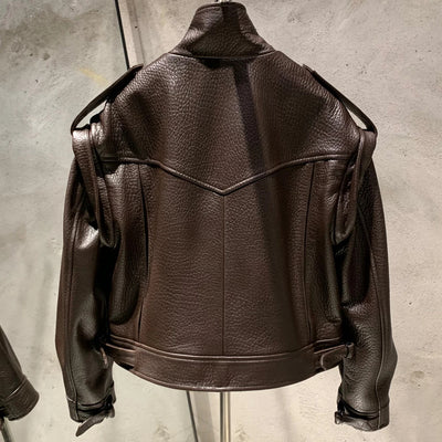 Women's Grained Sheepskin Leather Biker Jacket – Detachable Sleeve Bomber Style