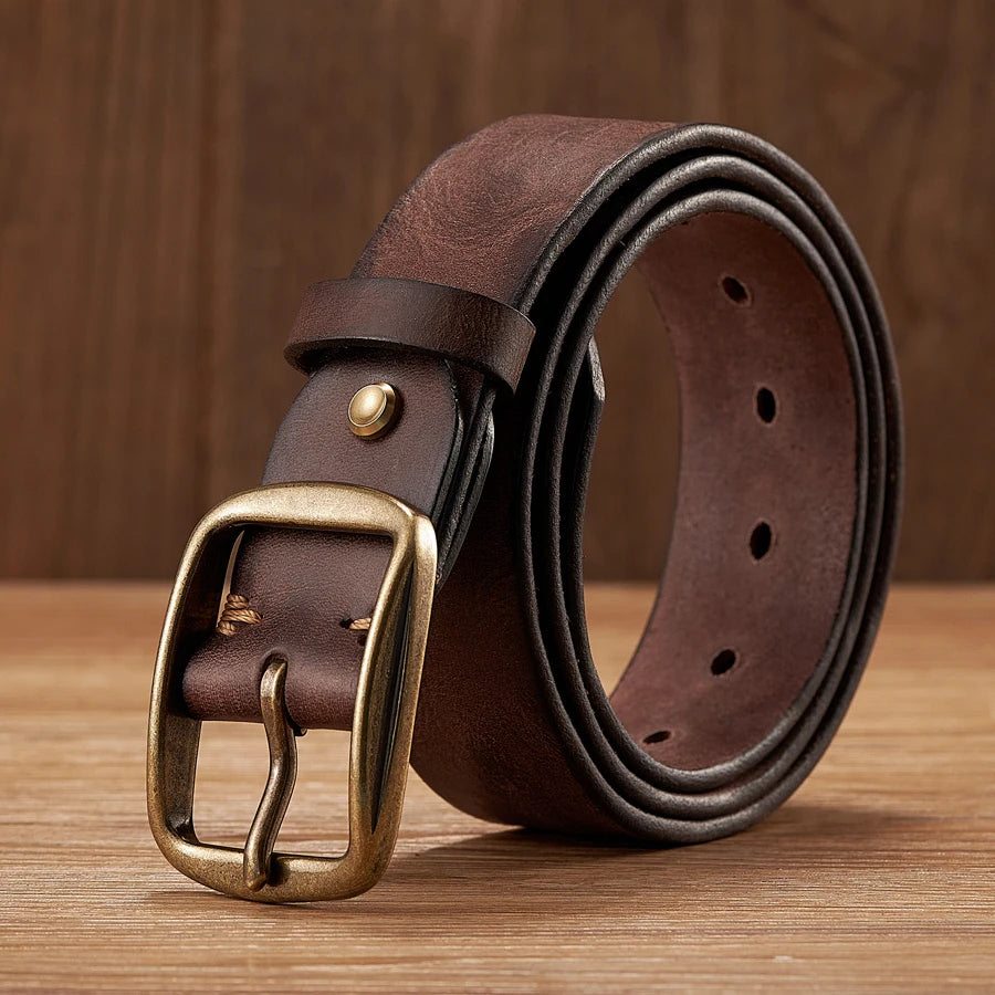 Men’s Thick Genuine Leather Belt – Vintage Copper Pin Buckle for Jeans & Casual Wear