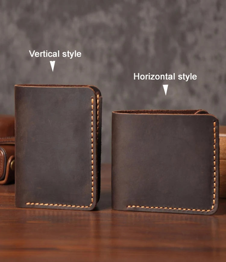 Handmade Crazy Horse Leather Wallet – Vintage Full Grain Genuine Leather Men’s Short Wallet with Card Holder
