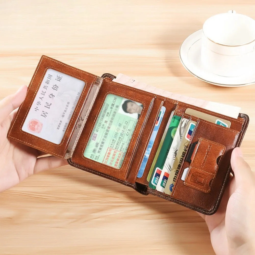 RFID Blocking Trifold Genuine Leather Wallet – Slim Multi-Function ID & Card Holder for Men