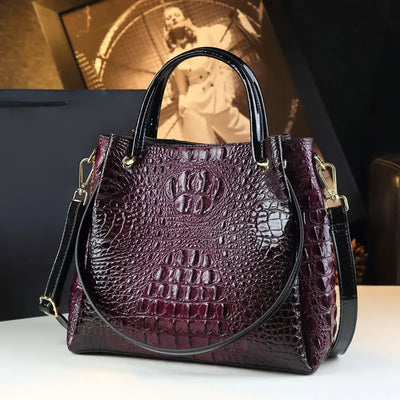 Crocodile Print Genuine Leather Tote – Vintage Bucket Shoulder Bag for Women