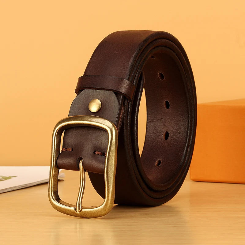 Men’s Full Grain Italian Leather Belt – 5mm Thick Heavy-Duty Casual Jeans Belt with Solid Brass Buckle