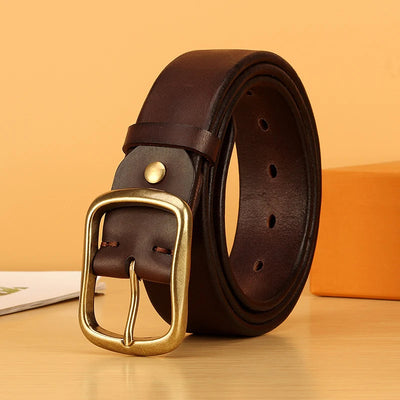 Men’s Full Grain Italian Leather Belt – 5mm Thick Heavy-Duty Casual Jeans Belt with Solid Brass Buckle