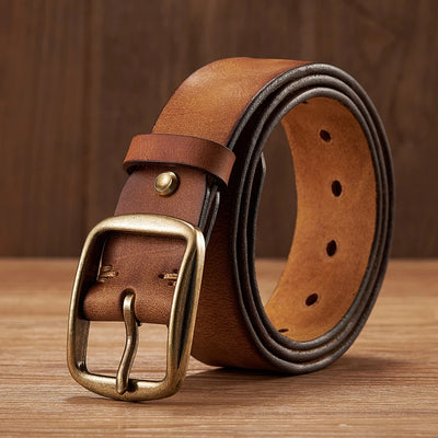 Men’s Thick Genuine Leather Belt – Vintage Copper Pin Buckle for Jeans & Casual Wear