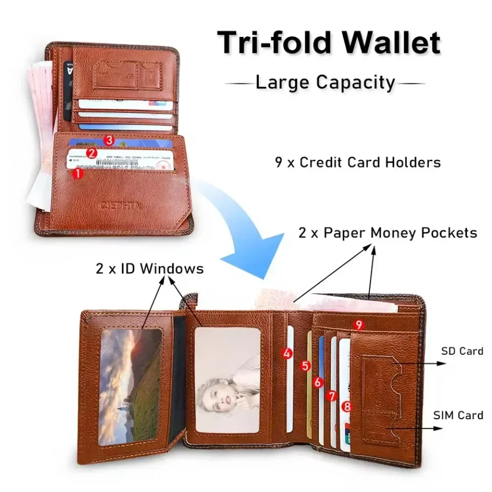 RFID Blocking Trifold Genuine Leather Wallet – Slim Multi-Function ID & Card Holder for Men