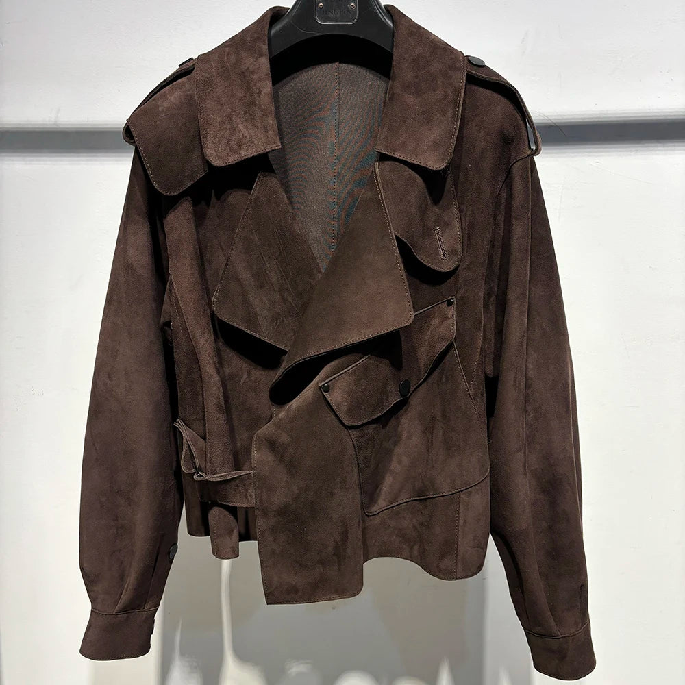YOLOAgain 2025 | Women's Oversized Sheepskin Leather Jacket – Dark Brown Streetwear Coat