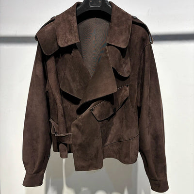 YOLOAgain 2025 | Women's Oversized Sheepskin Leather Jacket – Dark Brown Streetwear Coat