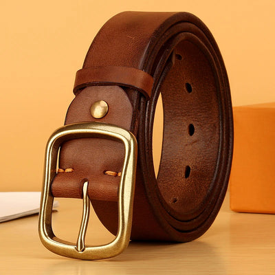 Men’s Full Grain Italian Leather Belt – 5mm Thick Heavy-Duty Casual Jeans Belt with Solid Brass Buckle