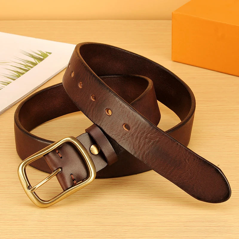 Men’s Full Grain Italian Leather Belt – 5mm Thick Heavy-Duty Casual Jeans Belt with Solid Brass Buckle