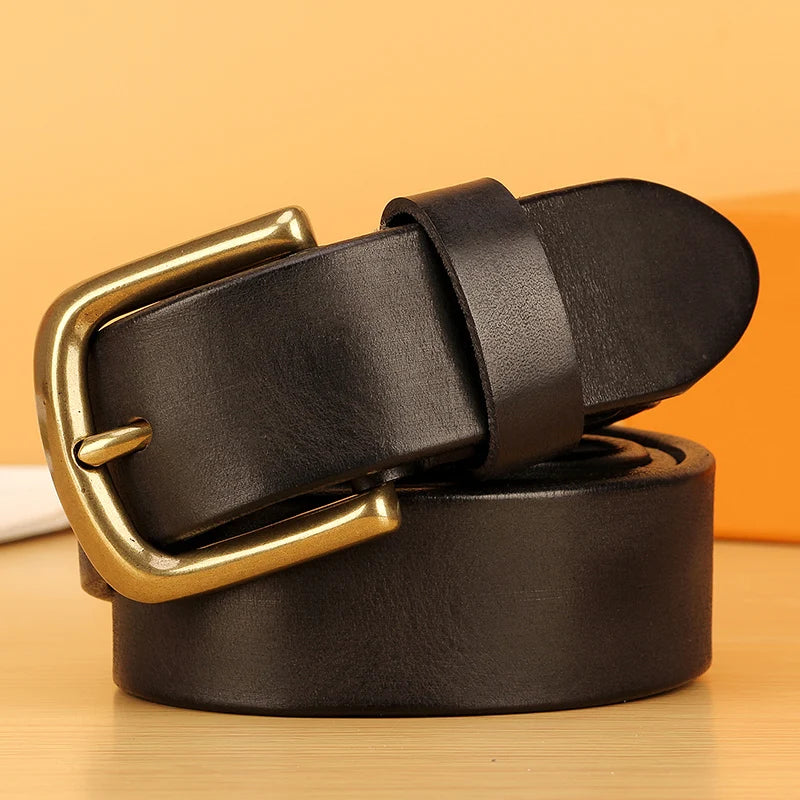 Men’s Full Grain Italian Leather Belt – 5mm Thick Heavy-Duty Casual Jeans Belt with Solid Brass Buckle
