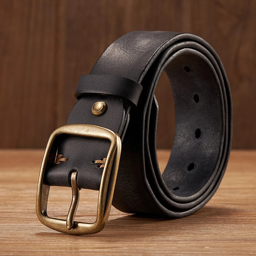 Men’s Thick Genuine Leather Belt – Vintage Copper Pin Buckle for Jeans & Casual Wear