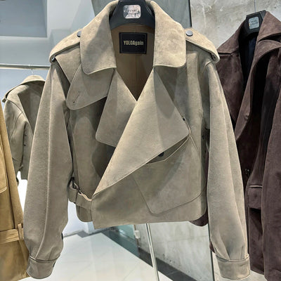 YOLOAgain 2025 | Women's Oversized Sheepskin Leather Jacket – Dark Brown Streetwear Coat