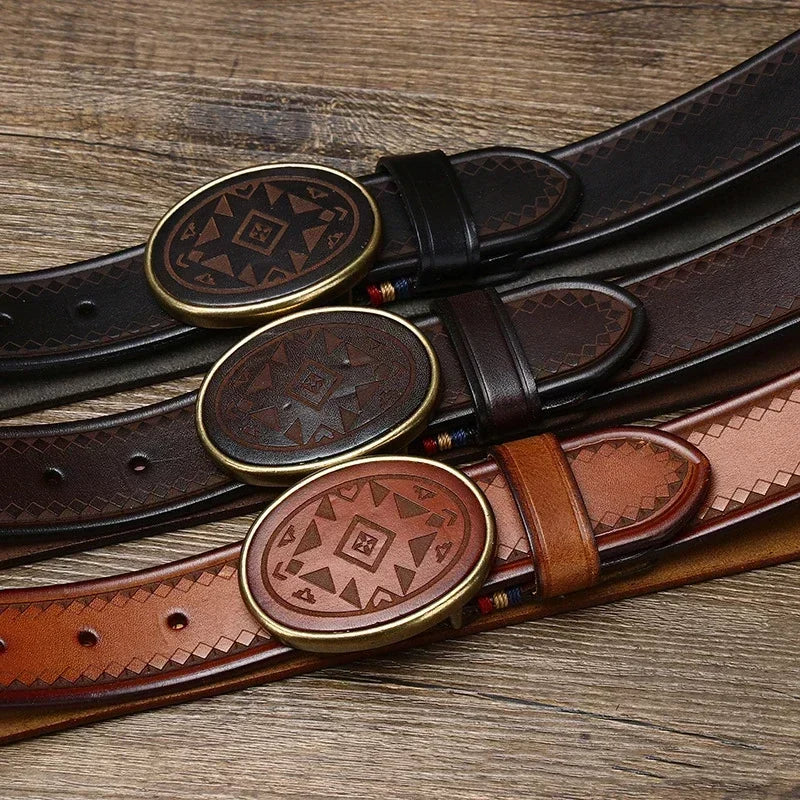 Men’s Genuine Leather Laser Engraved Belt – Smooth Buckle Cowskin Strap for Jeans & Office Wear (3.8cm Width)