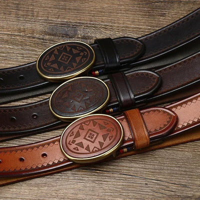 Men’s Genuine Leather Laser Engraved Belt – Smooth Buckle Cowskin Strap for Jeans & Office Wear (3.8cm Width)