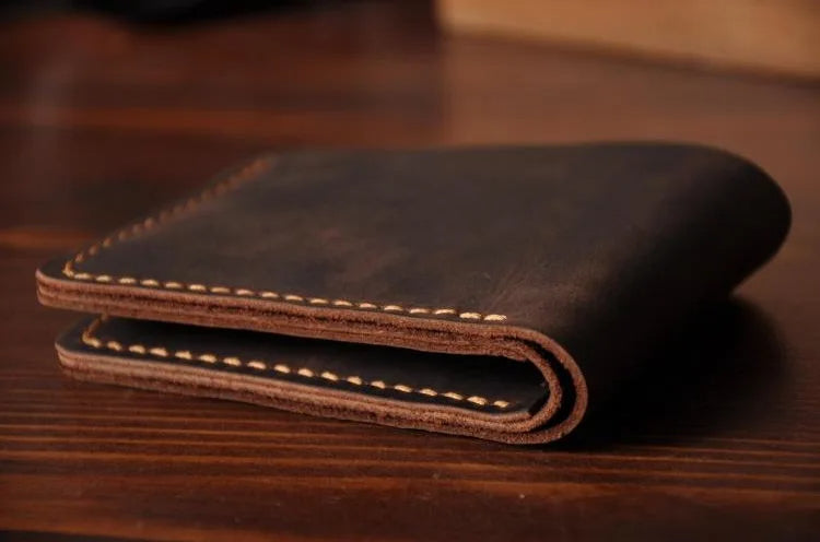 Handmade Crazy Horse Leather Wallet – Vintage Full Grain Genuine Leather Men’s Short Wallet with Card Holder