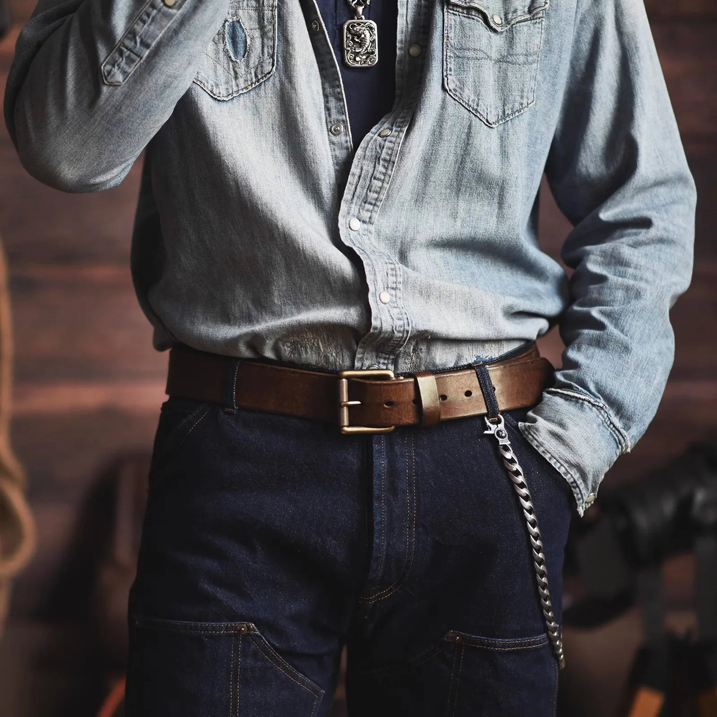 4cm Wide Extra Thick Genuine Cowhide Belt – Vintage Brass Buckle American-Style Leather Belt for Men’s Jeans & Motorcycle Wear