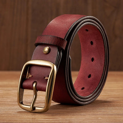 Men’s Thick Genuine Leather Belt – Vintage Copper Pin Buckle for Jeans & Casual Wear