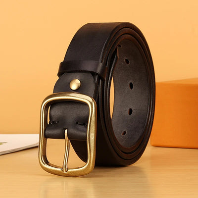 Men’s Full Grain Italian Leather Belt – 5mm Thick Heavy-Duty Casual Jeans Belt with Solid Brass Buckle