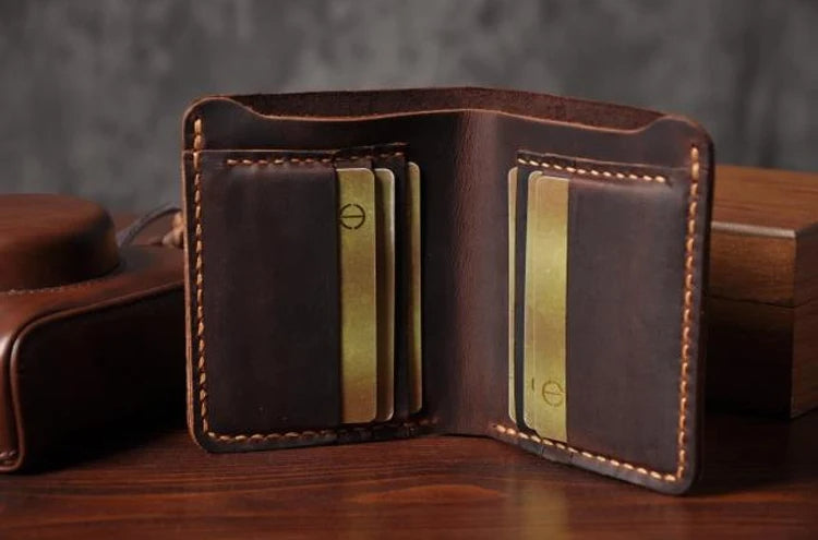 Handmade Crazy Horse Leather Wallet – Vintage Full Grain Genuine Leather Men’s Short Wallet with Card Holder