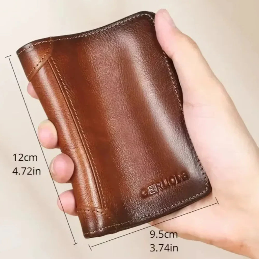 RFID Blocking Trifold Genuine Leather Wallet – Slim Multi-Function ID & Card Holder for Men