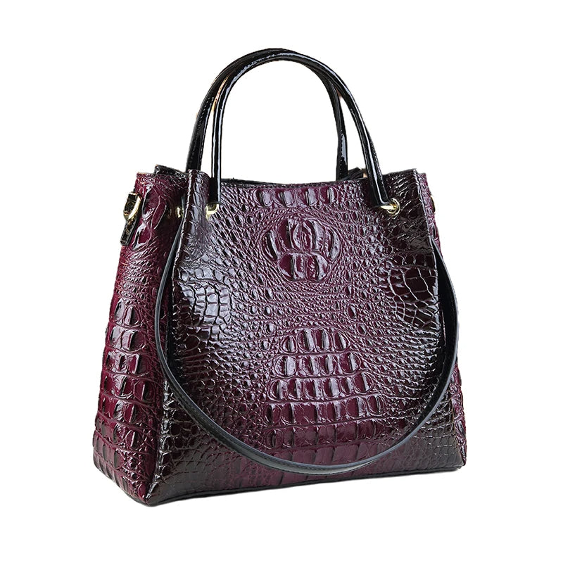 Crocodile Print Genuine Leather Tote – Vintage Bucket Shoulder Bag for Women
