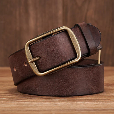 Men’s Thick Genuine Leather Belt – Vintage Copper Pin Buckle for Jeans & Casual Wear