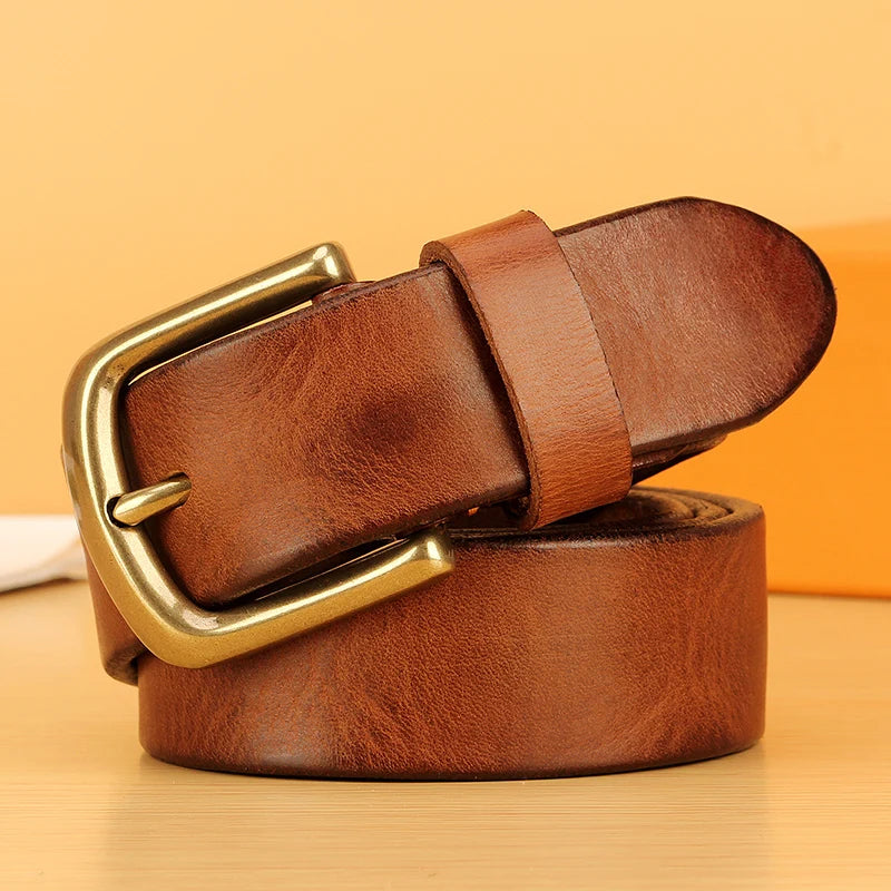 Men’s Full Grain Italian Leather Belt – 5mm Thick Heavy-Duty Casual Jeans Belt with Solid Brass Buckle
