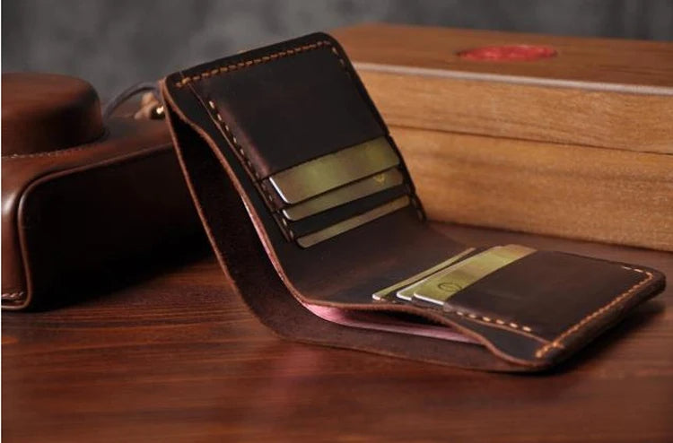 Handmade Crazy Horse Leather Wallet – Vintage Full Grain Genuine Leather Men’s Short Wallet with Card Holder