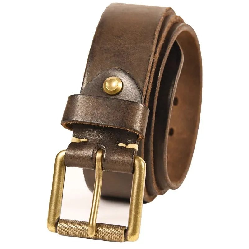 4cm Wide Extra Thick Genuine Cowhide Belt – Vintage Brass Buckle American-Style Leather Belt for Men’s Jeans & Motorcycle Wear