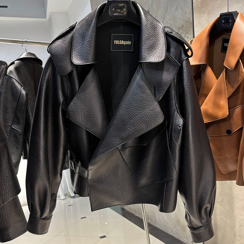 YOLOAgain 2025 | Women's Oversized Sheepskin Leather Jacket – Dark Brown Streetwear Coat