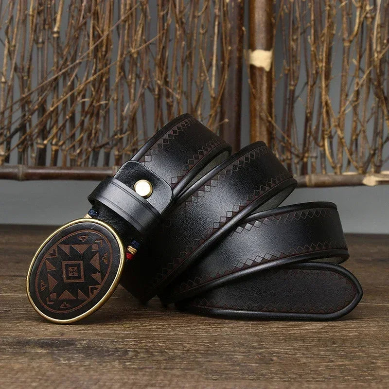 Men’s Genuine Leather Laser Engraved Belt – Smooth Buckle Cowskin Strap for Jeans & Office Wear (3.8cm Width)