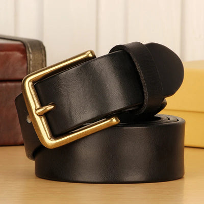 Men’s Full Grain Italian Leather Belt – 5mm Thick Heavy-Duty Casual Jeans Belt with Solid Brass Buckle