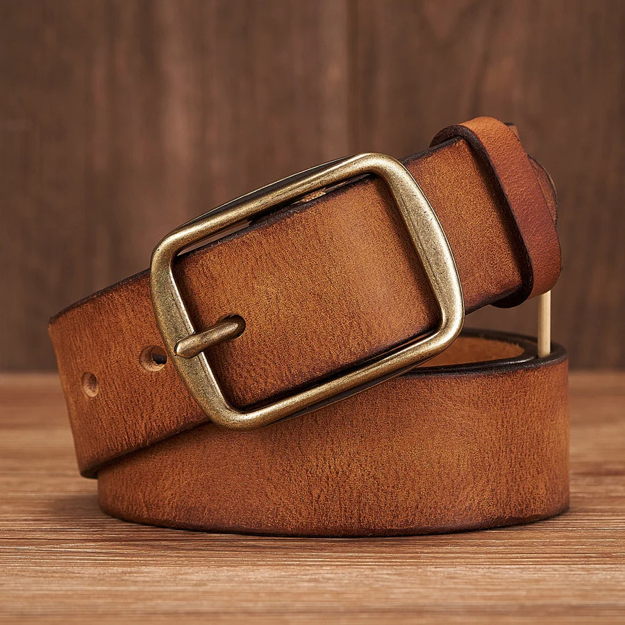 Men’s Thick Genuine Leather Belt – Vintage Copper Pin Buckle for Jeans & Casual Wear