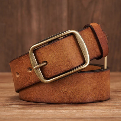 Men’s Thick Genuine Leather Belt – Vintage Copper Pin Buckle for Jeans & Casual Wear