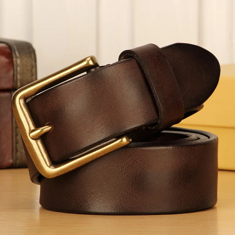 Men’s Full Grain Italian Leather Belt – 5mm Thick Heavy-Duty Casual Jeans Belt with Solid Brass Buckle