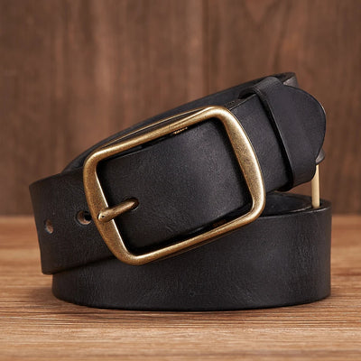 Men’s Thick Genuine Leather Belt – Vintage Copper Pin Buckle for Jeans & Casual Wear