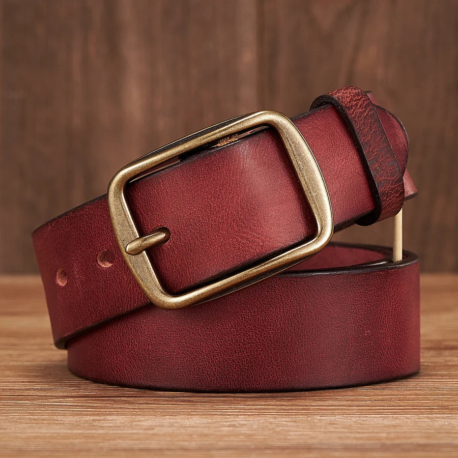 Men’s Thick Genuine Leather Belt – Vintage Copper Pin Buckle for Jeans & Casual Wear