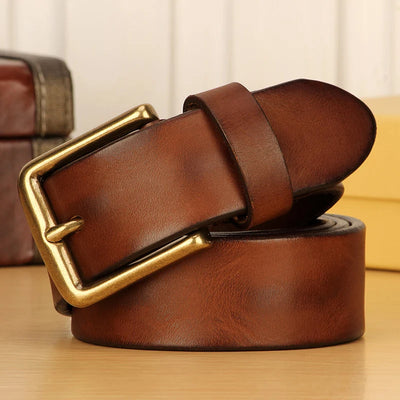 Men’s Full Grain Italian Leather Belt – 5mm Thick Heavy-Duty Casual Jeans Belt with Solid Brass Buckle
